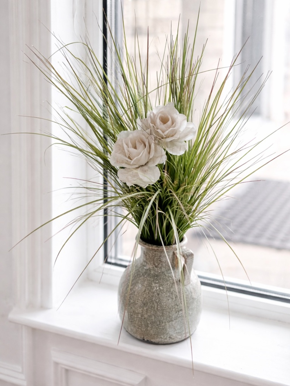 Natural White Rose & Green Grass Arrangement in Ceramic Vase